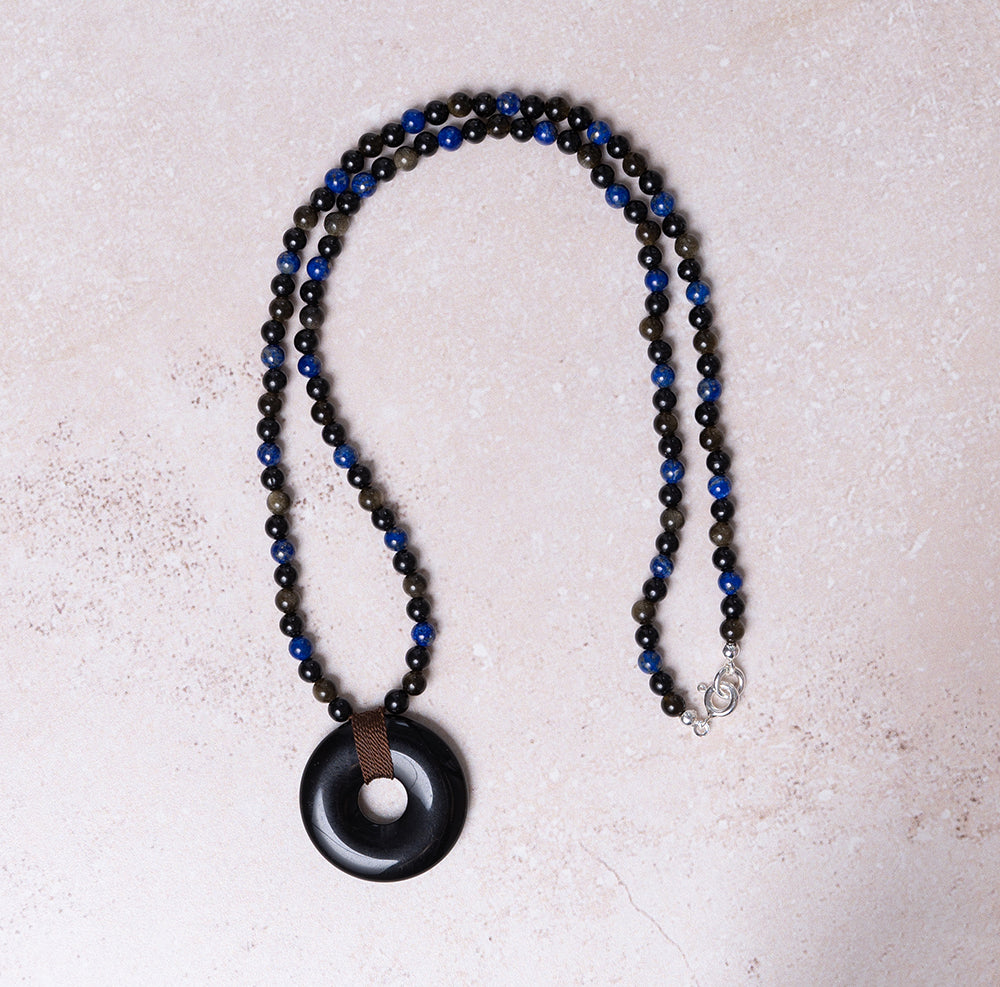 Beschermingsketting gemaakt van lapis lazuli, toermalijn & goud obsidiaan